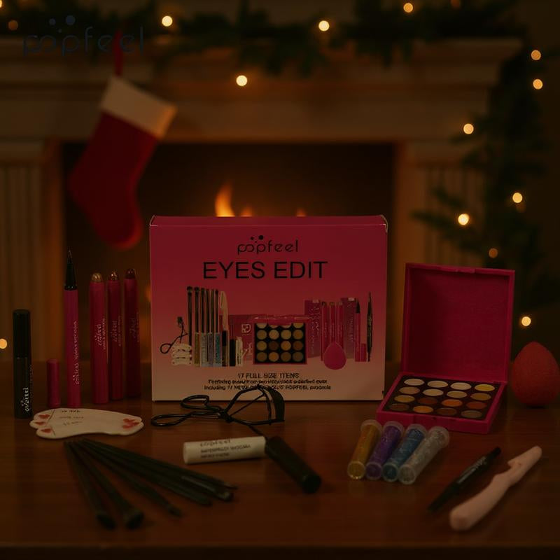 Popfeel Eyes Edit Makeup Set with Eyeliner Eyeshadow Smooth Blend Brush Concealer Brow Tools Glitter Gel Pouch Gift Kit Brown ABH Glow Collection Cosmetic Compact Flawless Storage Eyebrow Powder Holiday Essential Complete Makeup Set with Brushes