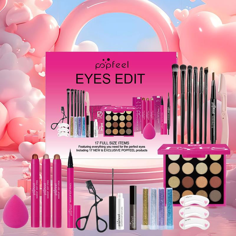 Popfeel Eyes Edit Makeup Set with Eyeliner Eyeshadow Smooth Blend Brush Concealer Brow Tools Glitter Gel Pouch Gift Kit Brown ABH Glow Collection Cosmetic Compact Flawless Storage Eyebrow Powder Holiday Essential Complete Makeup Set with Brushes