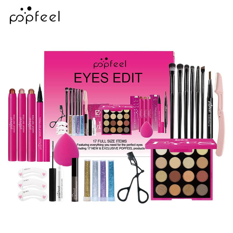 Popfeel Eyes Edit Makeup Set with Eyeliner Eyeshadow Smooth Blend Brush Concealer Brow Tools Glitter Gel Pouch Gift Kit Brown ABH Glow Collection Cosmetic Compact Flawless Storage Eyebrow Powder Holiday Essential Complete Makeup Set with Brushes