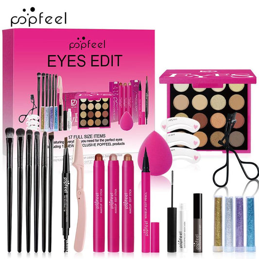 Popfeel Eyes Edit Makeup Set with Eyeliner Eyeshadow Smooth Blend Brush Concealer Brow Tools Glitter Gel Pouch Gift Kit Brown ABH Glow Collection Cosmetic Compact Flawless Storage Eyebrow Powder Holiday Essential Complete Makeup Set with Brushes