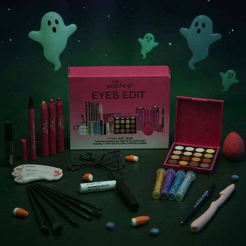 Popfeel Eyes Edit Makeup Set with Eyeliner Eyeshadow Smooth Blend Brush Concealer Brow Tools Glitter Gel Pouch Gift Kit Brown ABH Glow Collection Cosmetic Compact Flawless Storage Eyebrow Powder Holiday Essential Complete Makeup Set with Brushes