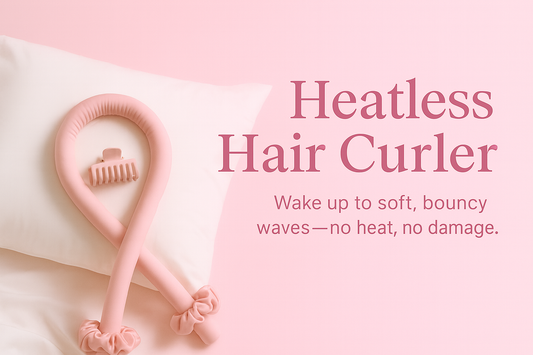 Pink heatless hair curler on a pink background with text about its benefits.