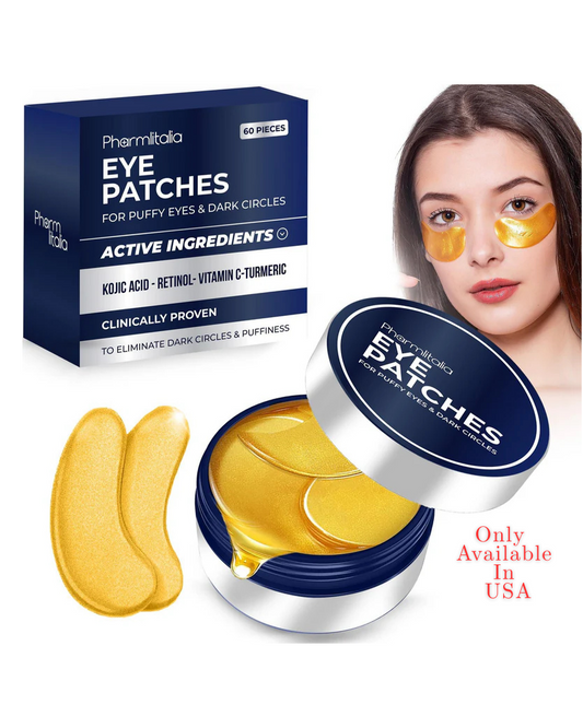 Eye patches packaging with a woman wearing patches, on a white background