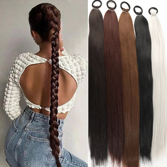 LUPU Synthetic 28 Inch Long Ponytail Extensions with Elastic Band Versatile DIY Braided Ponytail for Women Girls Black Brown