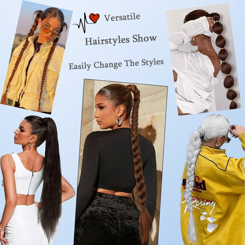 LUPU Synthetic 28 Inch Long Ponytail Extensions with Elastic Band Versatile DIY Braided Ponytail for Women Girls Black Brown