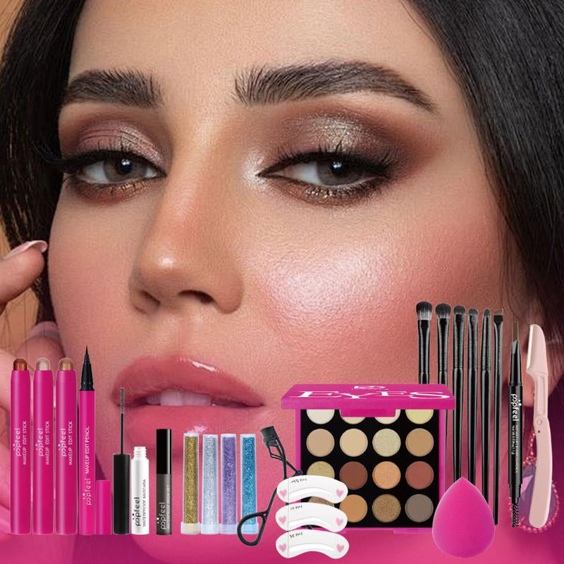 Popfeel Eyes Edit Makeup Set with Eyeliner Eyeshadow Smooth Blend Brush Concealer Brow Tools Glitter Gel Pouch Gift Kit Brown ABH Glow Collection Cosmetic Compact Flawless Storage Eyebrow Powder Holiday Essential Complete Makeup Set with Brushes