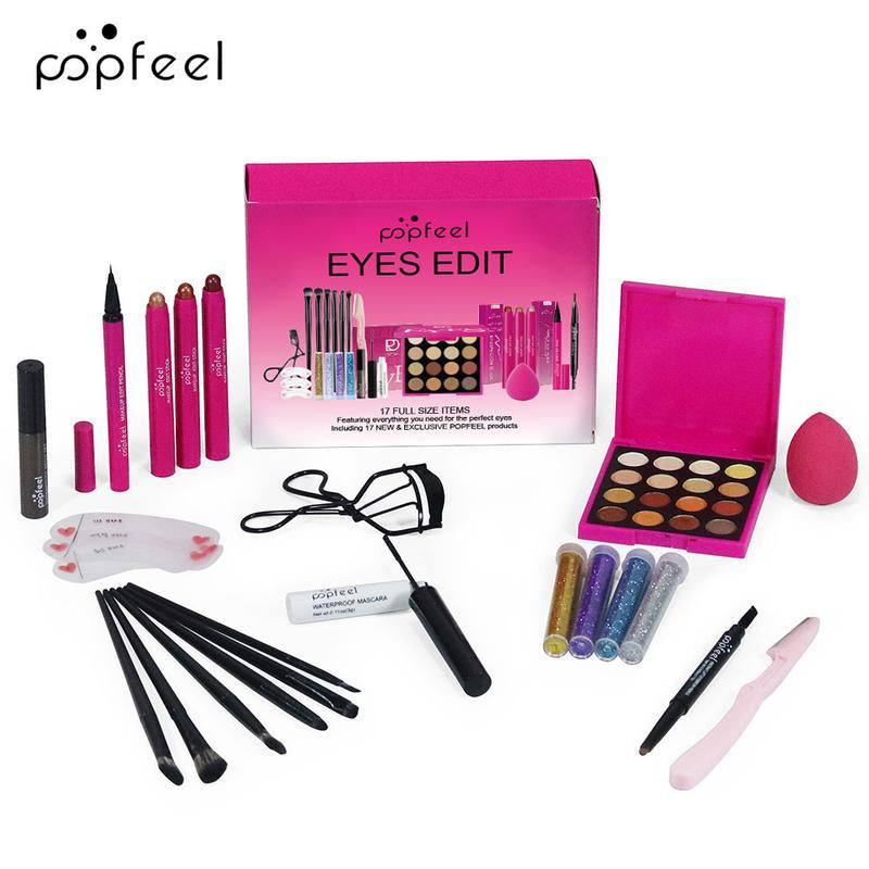 Popfeel Eyes Edit Makeup Set with Eyeliner Eyeshadow Smooth Blend Brush Concealer Brow Tools Glitter Gel Pouch Gift Kit Brown ABH Glow Collection Cosmetic Compact Flawless Storage Eyebrow Powder Holiday Essential Complete Makeup Set with Brushes